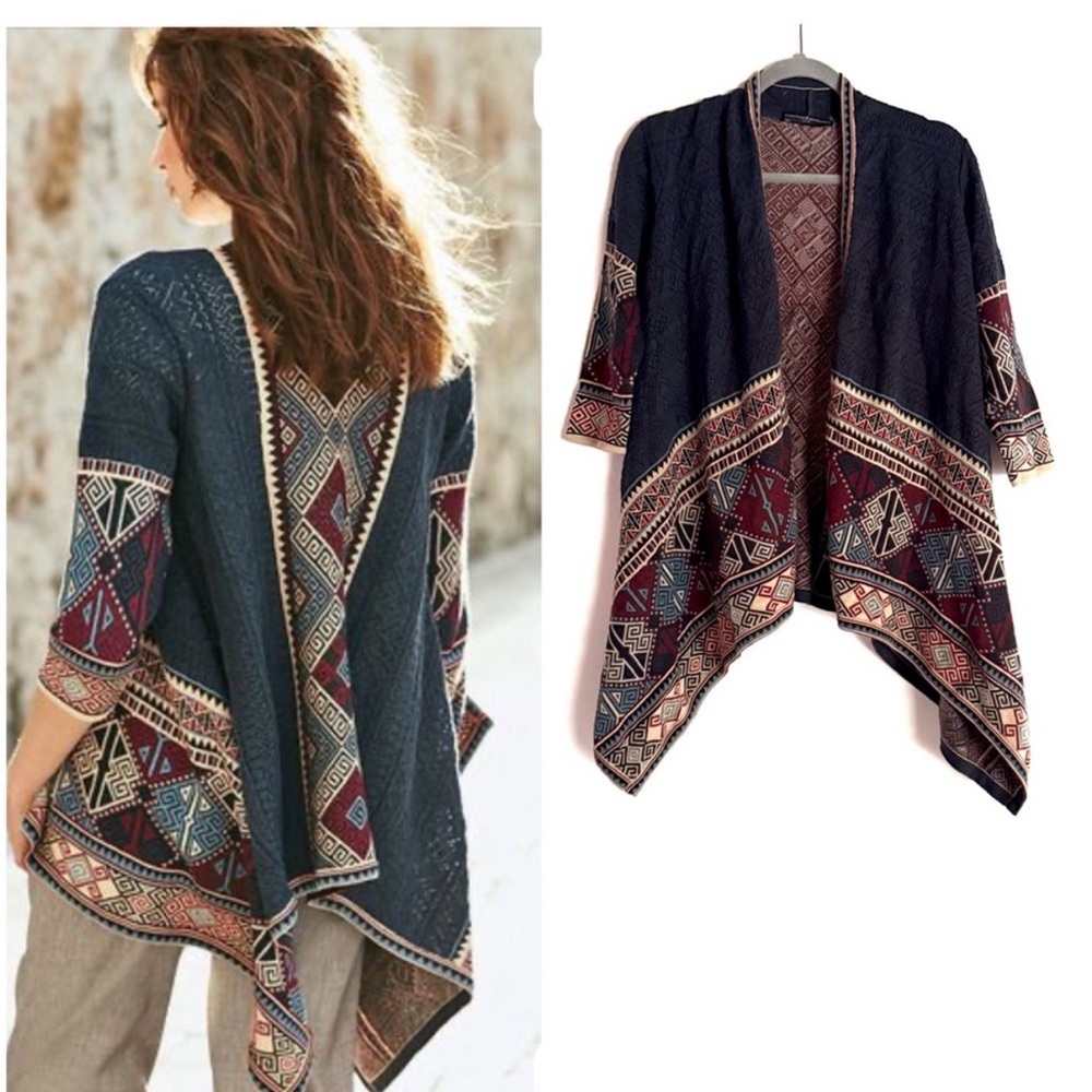 Peruvian Connection Pima Cotton Patterned Sweater Cape Open Cardigan